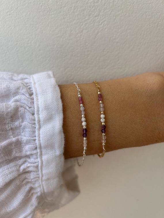 Emotional balance/self love. Calming crystals. Rose quartz, amethyst, howlite, blue lace agate, pink tourmaline. Gold filled/sterling silver