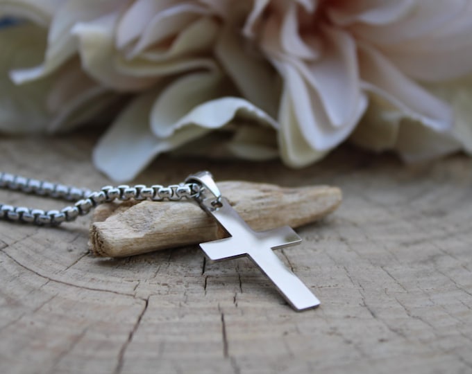Mens Stainless Steel Cross Necklace: Religious Pendant. Cross pendant.