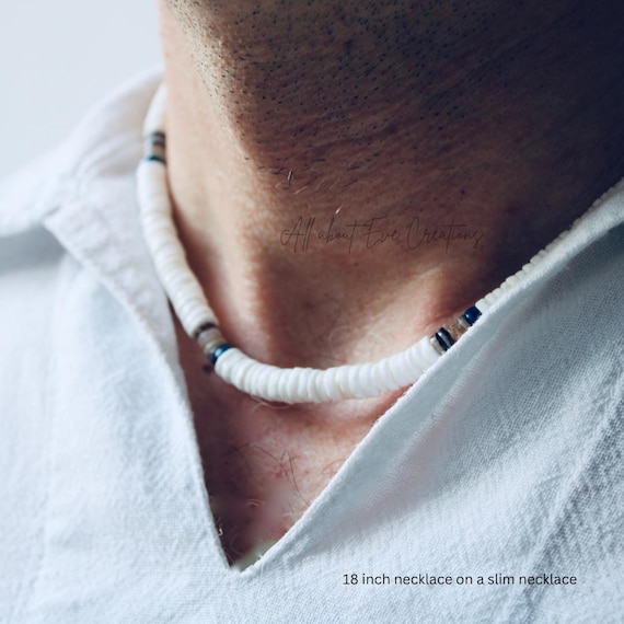 Surfer necklace. White heishi puka shell necklace. White litub shell beaded necklace. Waterproof necklace.