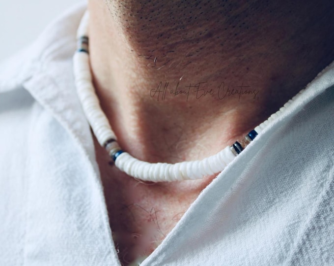 White Puka Shell Surfer Necklace. Beaded Heishi shell necklace for men, Waterproof Jewelry.