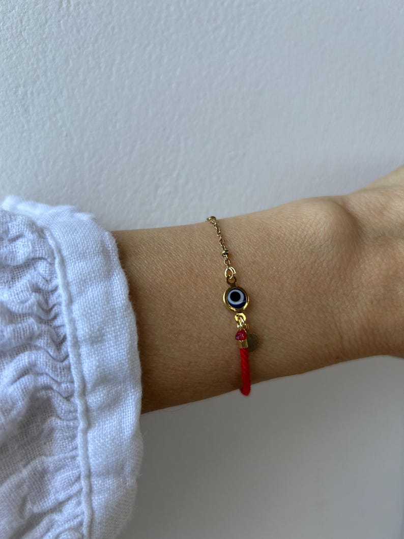 Red String Evil Eye Protection Bracelet, Gold Filled Charm, Adjustable Cord Jewelry image 10
