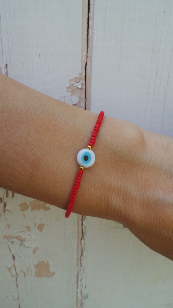 Red evil eye bracelet. Beaded charm bracelet. Beaded evil eye Etsy