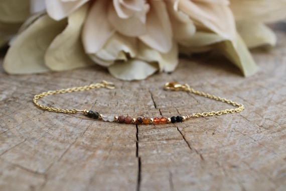 Gemstone Protection Bracelet: Black Tourmaline, Carnelian, Moonstone,Red jasper, Gold sheen obsidian Tiger's Eye.  Grounding.