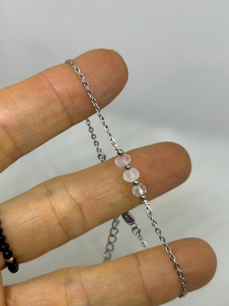 Fertility support. Morganite, Moonstone, Aquamarine Gemstone Bracelet, Delicate Crystal Chain image 6