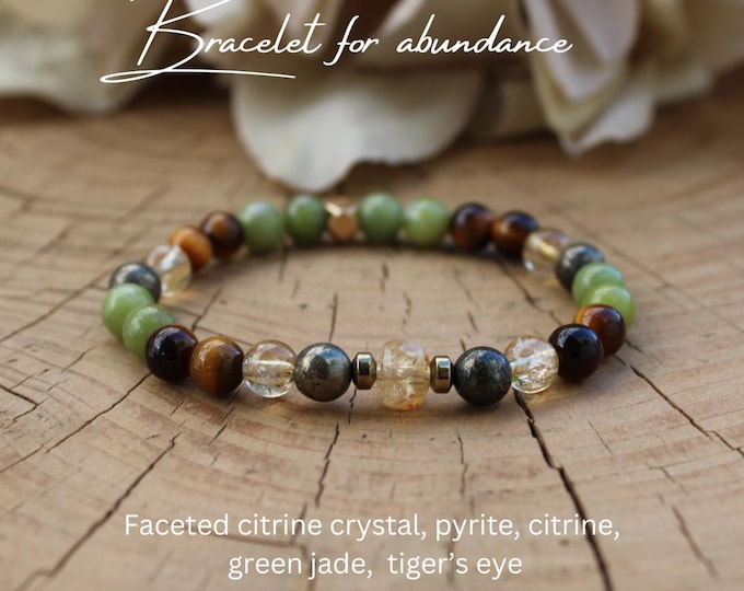 Abundance Gemstone Bracelet: Citrine, Jade, Tiger's Eye, Pyrite (6mm beads) Unisex