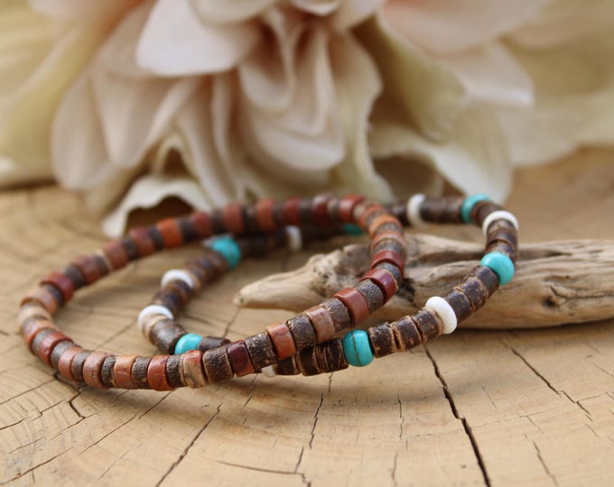 Mens beaded bracelet.  Jasper, turquoise bracelet with coconut heishi beads. Surfer style.