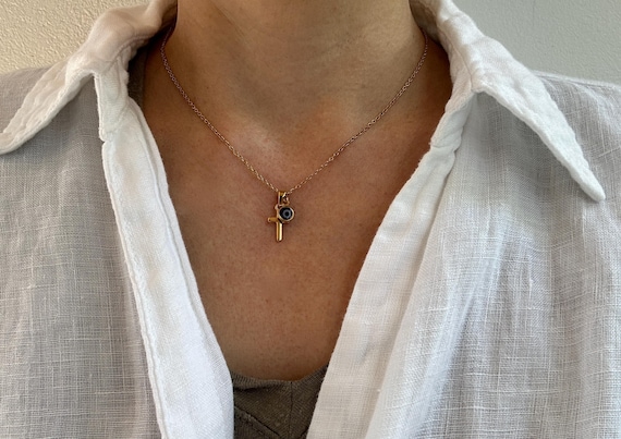 Gold cross and evil eye necklace. Stainless steel cross pendant with evil eye charm. Protection necklace.