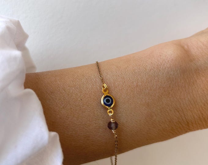 Gold Filled Evil Eye Bracelet: Smoky Quartz, Protection Jewelry. Stainless steel