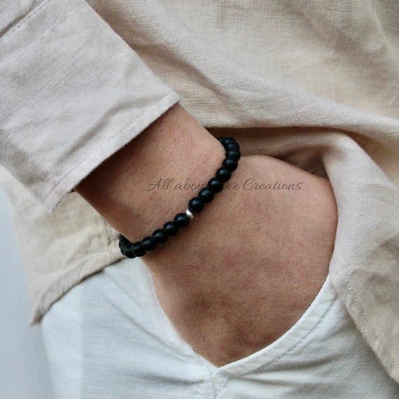 Men beaded bracelet. Black beaded bracelet. Stone bracelet. Black stone bracelet. Simple stacking bracelet for men.