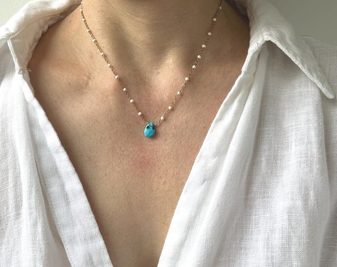 Dainty Turquoise Teardrop Necklace, Beach necklace. December birthstone.