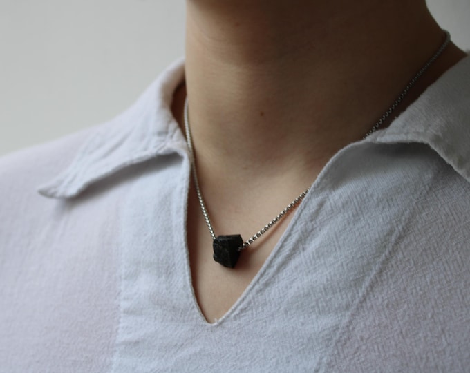Mens Raw Black Tourmaline Necklace: Stainless Steel Chain, Empath Protection