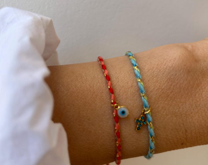 Boho cord bracelet. Evil eye, tiny cross charm.  Friendship string bracelet. Adjustable.