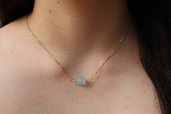 Aquamarine necklace. Raw aquamarine choker. Aquamarine nugget. March birthstone. Gold, silver, rose gold chain