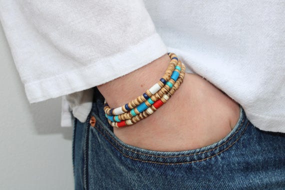 Mens beaded bracelet. Mens turquoise bracelet. Surfer style bracelet. Mens stacking bracelet. Mens stretch bracelet.