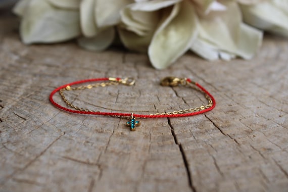 Red String bracelet with tiny cross. Stainless steel cross charm bracelet.