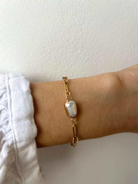 Chunky Paper Clip Bracelet: Baroque Pearl Connector, Gold or Silver