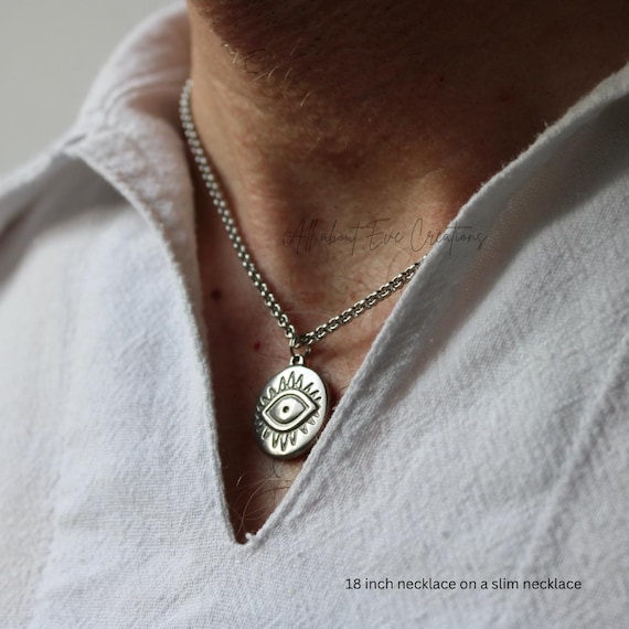 Mens evil eye necklace. Mens stainless steel evil eye medallion necklace. Pendant necklace. Protection necklace.