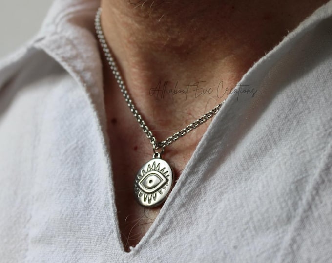 Mens Stainless Steel Evil Eye Necklace: Protection Medallion Pendant