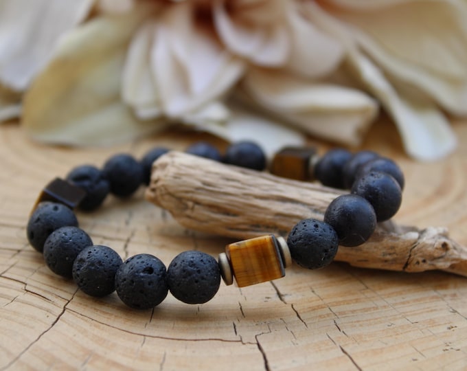 Mens beaded lava rock and tiger's eye bracelet.  6, 8. 10mm beads.