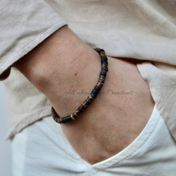 Mens bracelet. Mens beaded bracelet. Mens surfer style bracelet. Mens wood bead bracelet. Brown and black bracelet. Coconut bracelet.