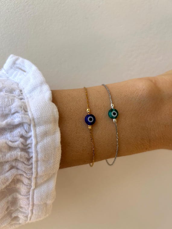 Dainty Evil Eye Bracelet: Stainless Steel Snake Chain, Greek Mati Protection