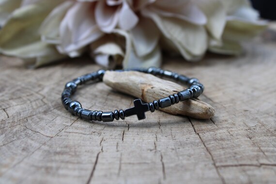 Mens beaded cross bracelet. Hematite cross bracelet. Stretch bracelet for men. 4/6mm beads.