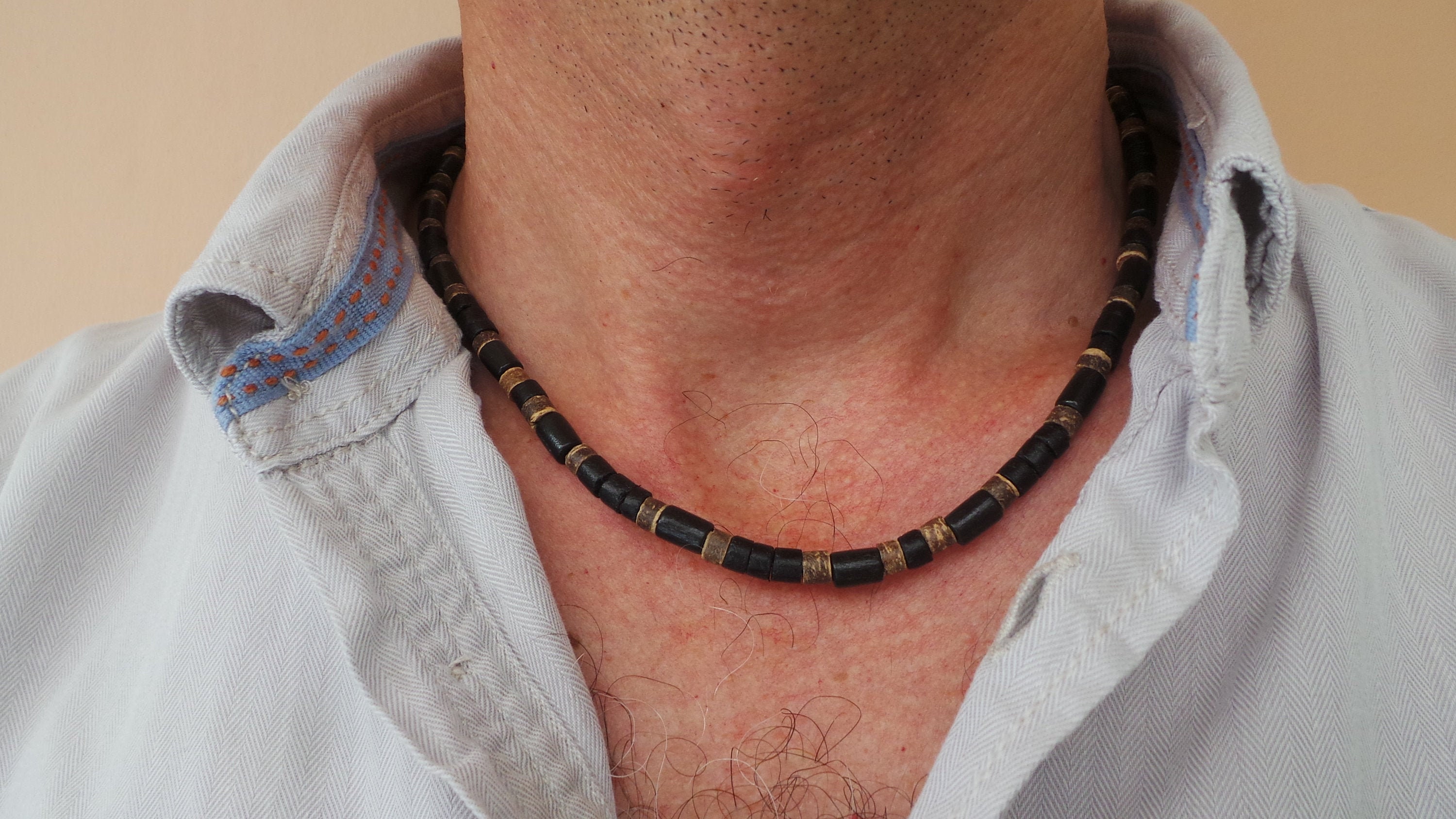 28-OPPURTUNITY Mens Beaded Necklace, Handmade Jasper & River Stone Nec