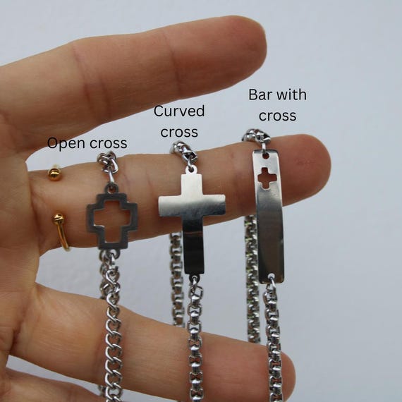 Mens cross bracelet. Sideways Cross Bracelet. Stainless Steel Box Chain