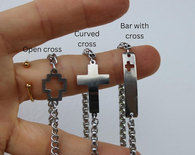 Mens cross bracelet. Sideways Cross Bracelet. Stainless Steel Box Chain