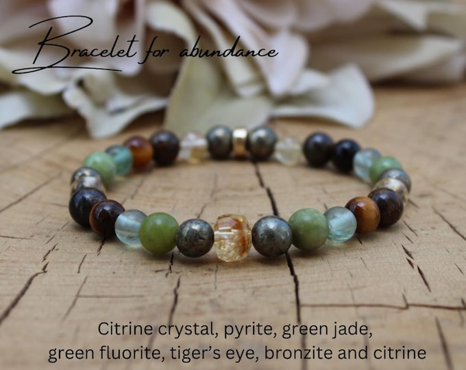Abundance Gemstone Bracelet: Citrine, Jade, Tiger's Eye, Bronzite, Pyrite (6mm/8mm beads) Unisex