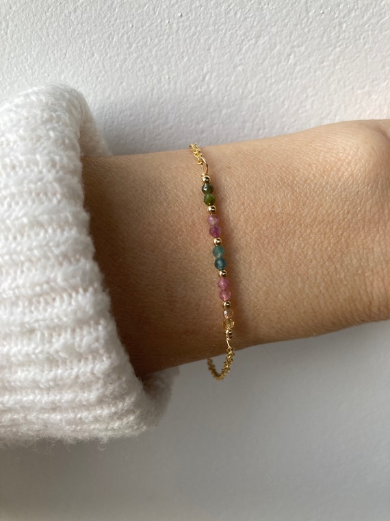 Tourmaline bracelet. Dainty rainbow tourmaline bracelet.  October birhstone. Dainty beaded gemstone bracelet. Gold filled bracelet.