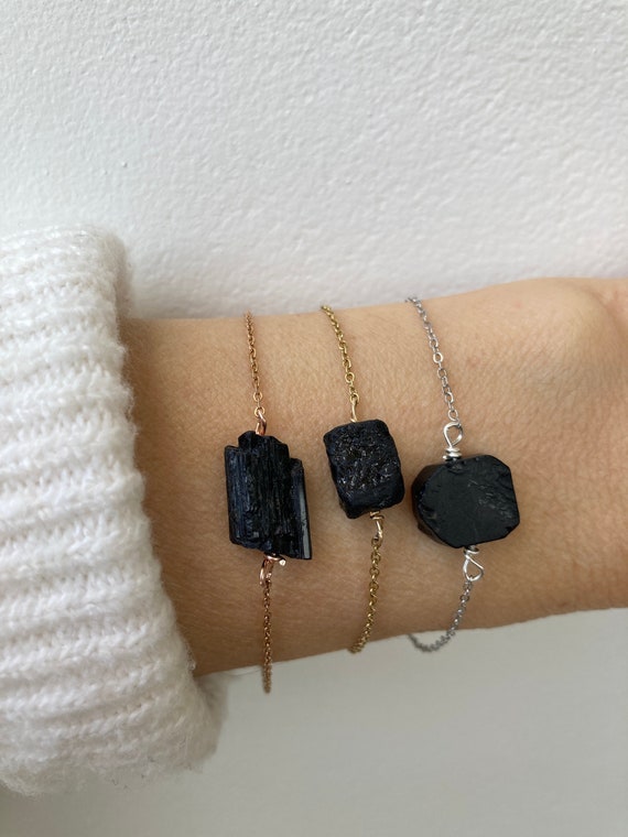 Black tourmaline bracelet. Raw black tourmaline bracelet.  October birthstone. Dainty tourmaline bracelet. Empath protection.