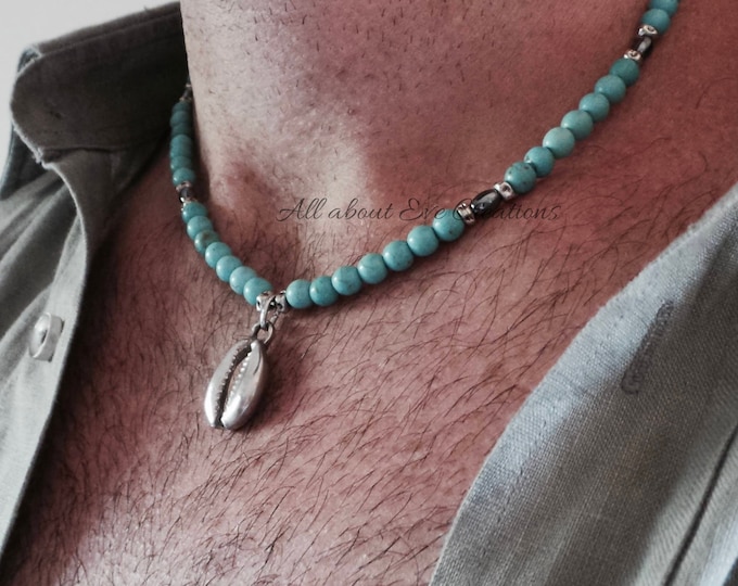 Mens turquoise beaded necklace. Mens cowrie shell necklace. Mens surfer necklace. Waterproof.