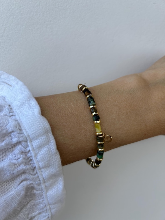 Tiger's eye and African Turquoise bracelet. Gemstone  bracelet for abundance and protection. Coin bracelet. Gold filled, sterling silver.
