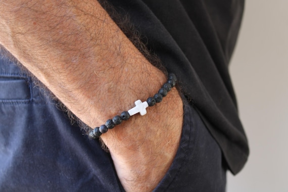 Beaded cross bracelet for men. Beaded lava rock bracelet with howlite stone cross .  Sideways cross bracelet. Howlite and lava.