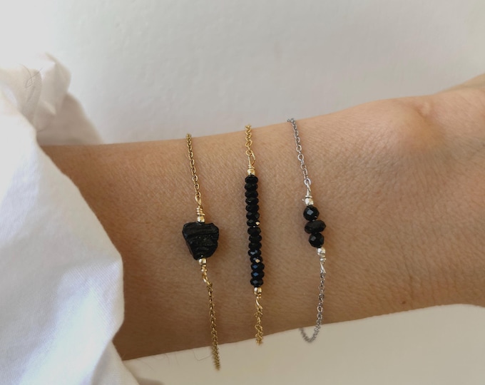 Black Tourmaline Bracelet, Dainty Gemstone Bar,  Empath Protection Jewelry