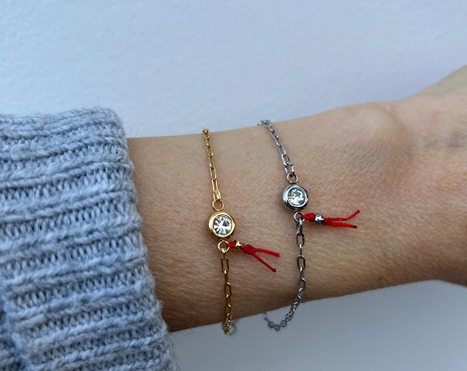 Solitaire red string bracelet. Paper clip chain bracelet . Red string Stainless steel rhinestone bracelet.   Good luck and protection