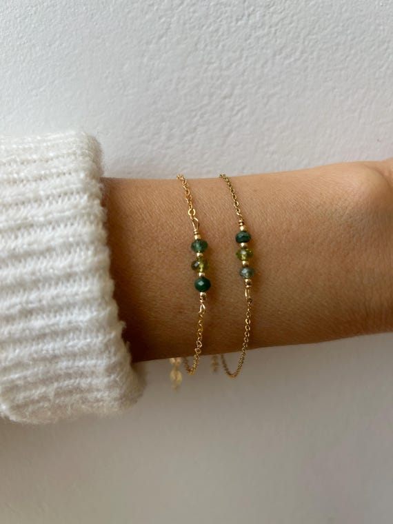 Green tourmaline, peridot and emerald bracelet. Green gemstone bracelet. Balance, vitality, prosperity.  Gold, silver, rose gold chain.