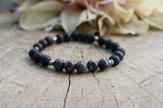 Lava rock, larvikite (black moonstone) and hematite bracelet.Bracelet for protection and grounding. Beaded stretch bracelet. 6mm/8mm beads