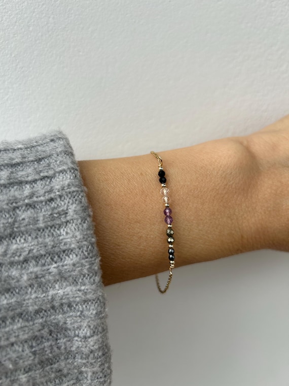 Empath Protection Bracelet: Black Tourmaline, Amethyst, Clear Quartz, hematite and pyrite. Beaded bracelet. Gold, silver, rose gold chain.