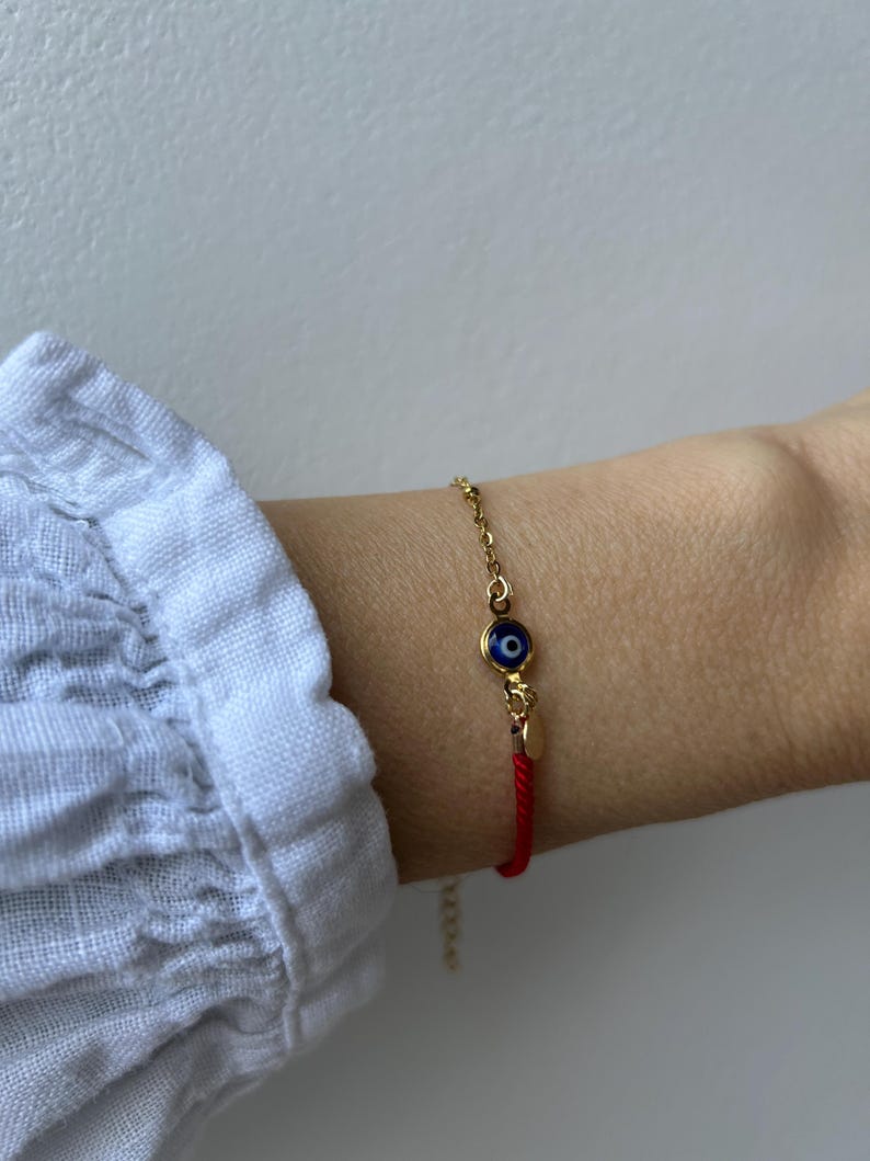 Red String Evil Eye Protection Bracelet, Gold Filled Charm, Adjustable Cord Jewelry image 16