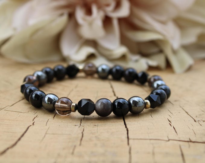 Mens Black Onyx Bracelet: Gold Sheen Obsidian, Tourmaline, Hematite,Smoky Quartz