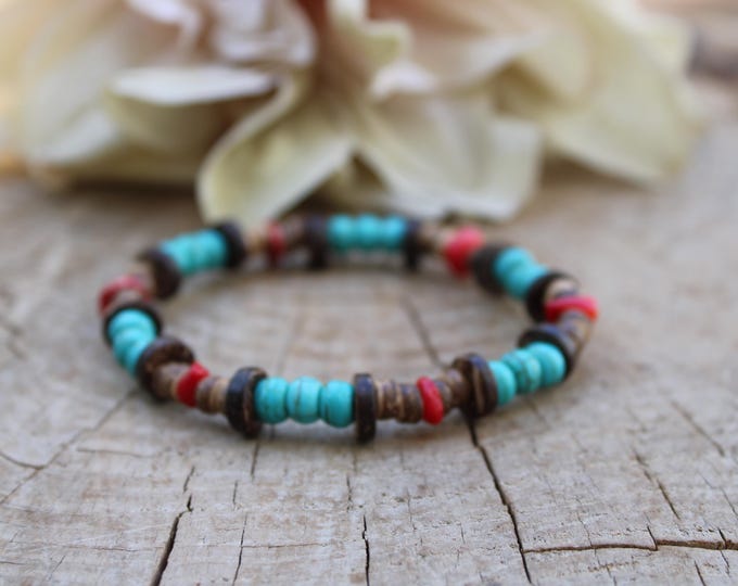Mens Turquoise Bracelet: Red Coral & Coconut Heishi Bead Stretch Bracelet