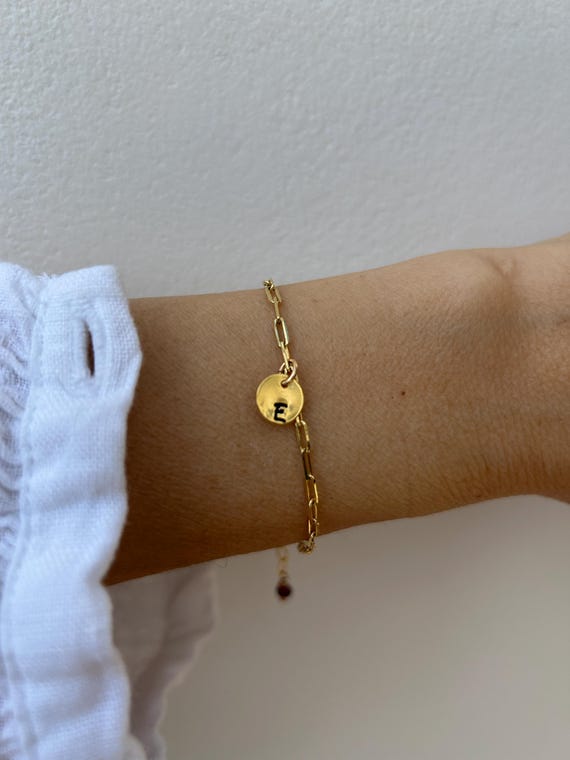 Tiny personalised disc chain bracelet. Initial disc and birthstone paper clip bracelet. Gold filled paper clip.