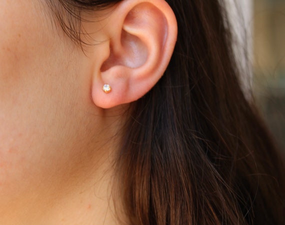 Tiny stud earrings. Gold filled stud earrings.  CZ Cubic Zirconia Stone Stud Earrings . Gold filled post earrings. 3.2mm