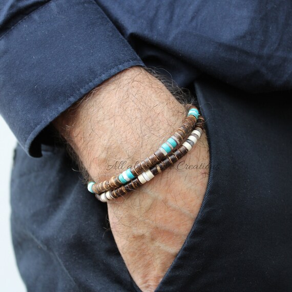 Mens beaded bracelet. Coconut and turquoise bracelet. Turquoise bracelet. Mens stretch bracelet. Bracelet for men. Shell bracelet.