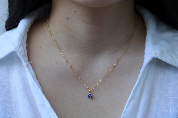 14k gold filled evil eye necklace. Blue evil eye necklace. Greek mati necklace. Protection necklace.