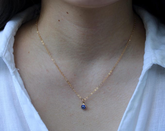 14k gold filled evil eye necklace. Blue evil eye necklace. Greek mati necklace. Protection necklace.