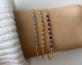 Dainty beaded gemstone bracelet. Gold filled/sterling silver. Moonstone, black tourmaline, pyrite, citrine, pink topaz, amethyst, 24 options