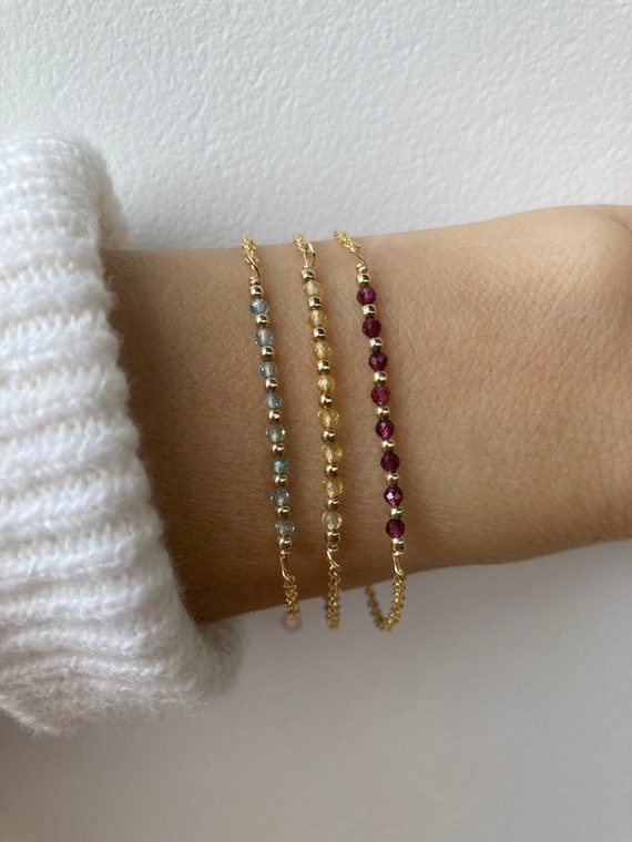 Dainty beaded gemstone bracelet. Gold filled/sterling silver. Moonstone, black tourmaline, pyrite, citrine, pink topaz, amethyst, 24 options